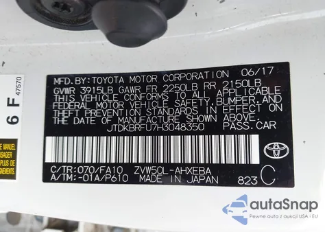 2017 Toyota Prius One z USA, uszkodzony, nr VIN JTDKBRFU7H3048350